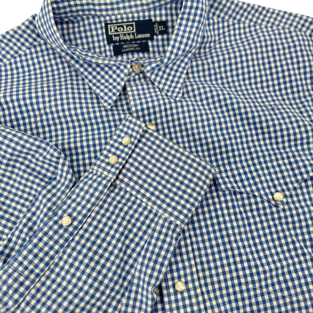 Polo Ralph Lauren Mens XL Western Classic Fit Gingham Snap Button Shirt Blue